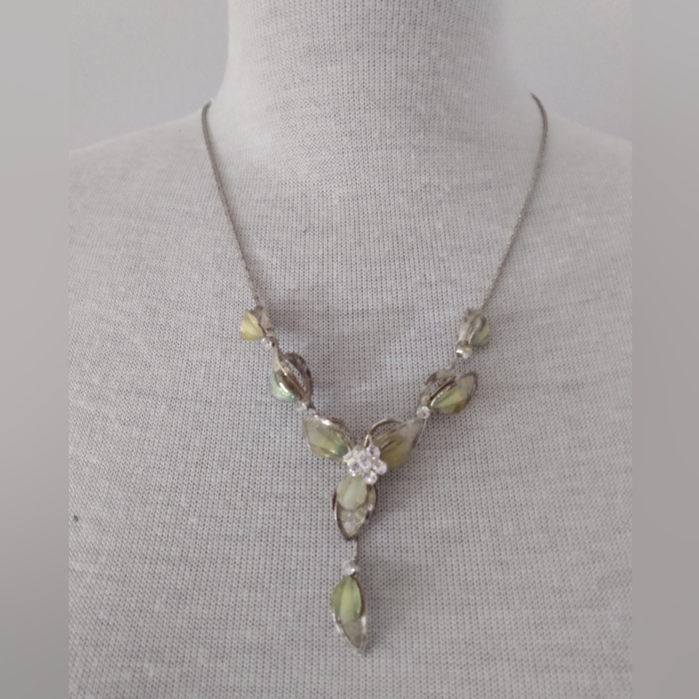 Stunning Y Floral Silver, Green Glass and Rhinestone Necklace